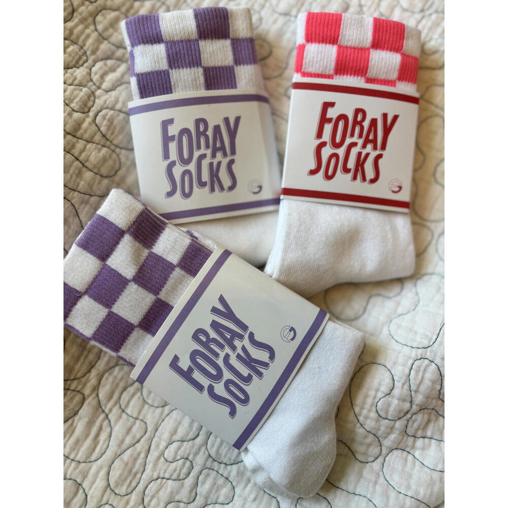 Foray‎ Ladies Tube Socks Check Crew Socks White with Coral and Purple #613